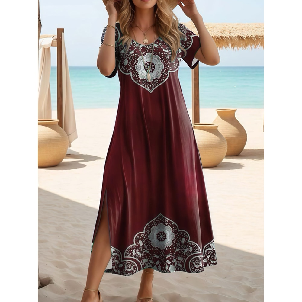 Plus Size V-Neck Butterfly Print Dress, Elegant Summer Split Hem Short Sleeve Women's Fashion