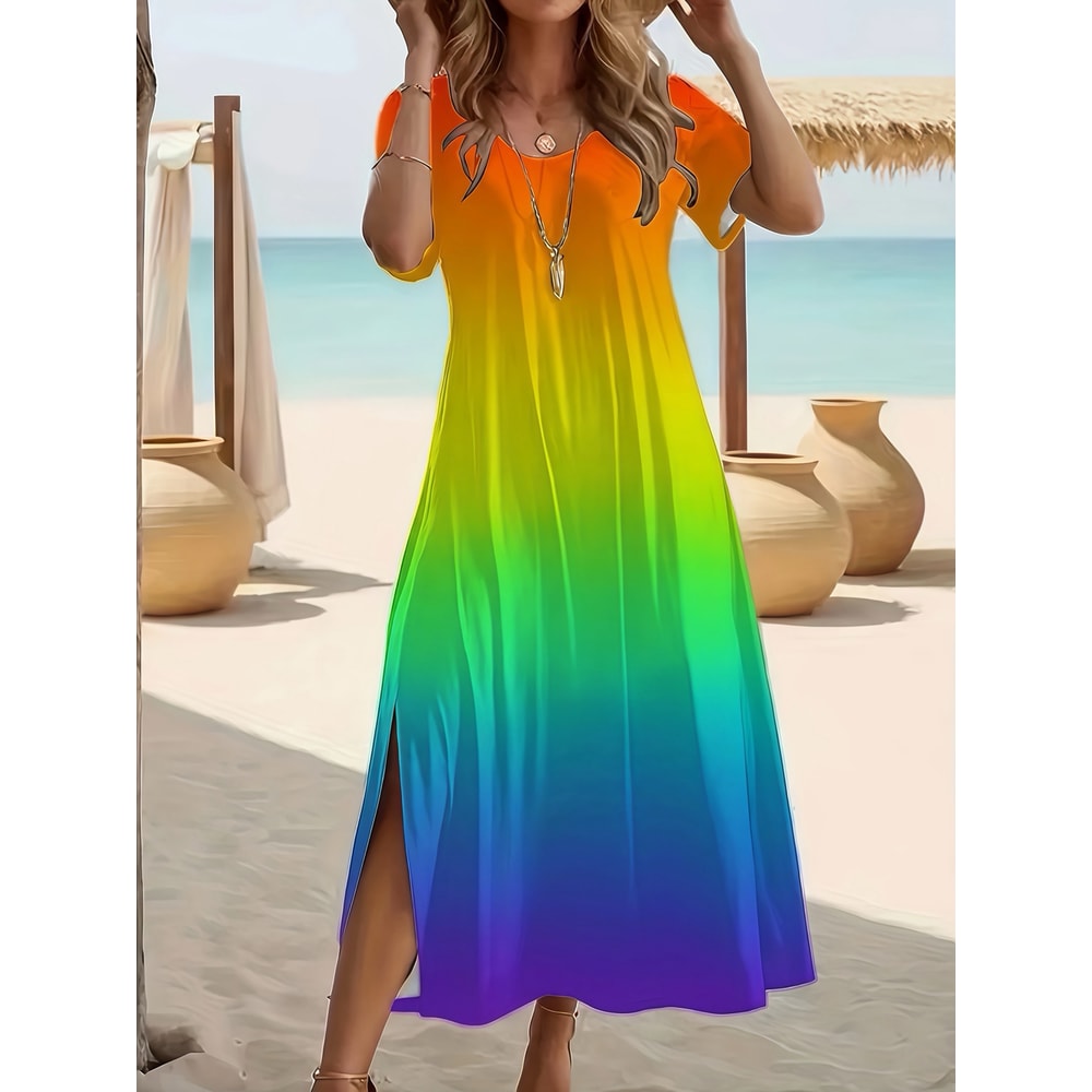 Plus Size V-Neck Butterfly Print Dress, Elegant Summer Split Hem Short Sleeve Women's Fashion