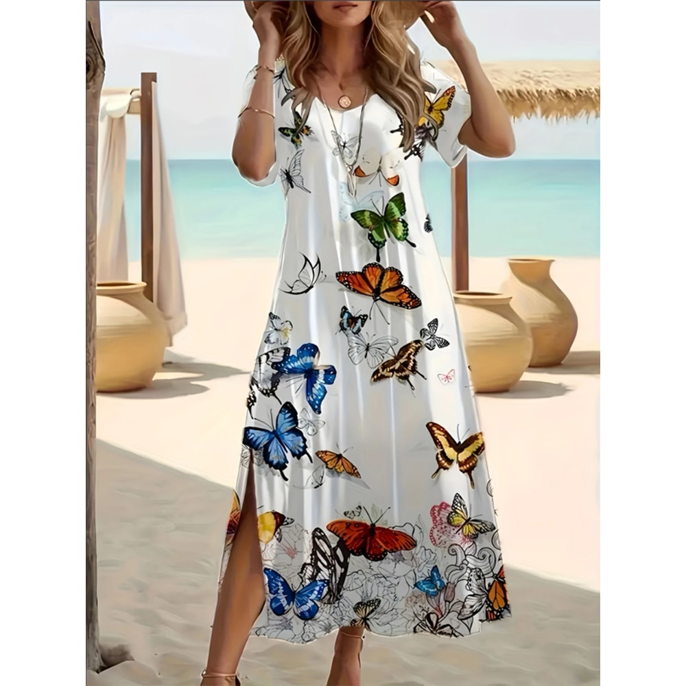Plus Size V-Neck Butterfly Print Dress, Elegant Summer Split Hem Short Sleeve Women's Fashion