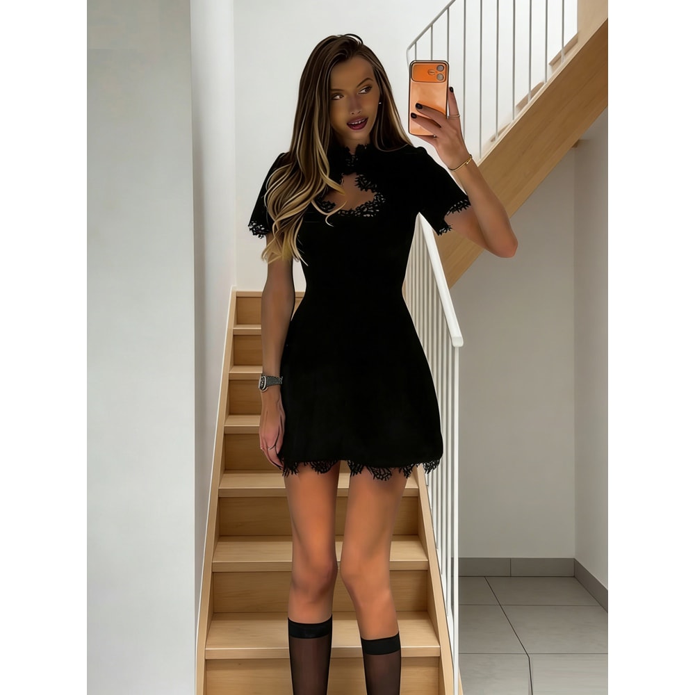 Black Lace Hollow Out Mini Dress, Tossy Patchwork Short Sleeve, Sexy High Waist Women's Casual Party Dress