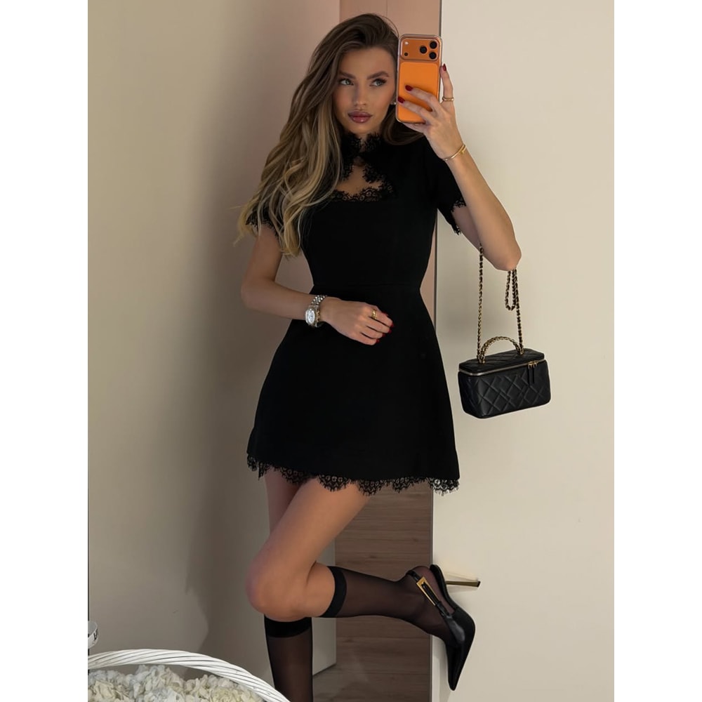Black Lace Hollow Out Mini Dress, Tossy Patchwork Short Sleeve, Sexy High Waist Women's Casual Party Dress