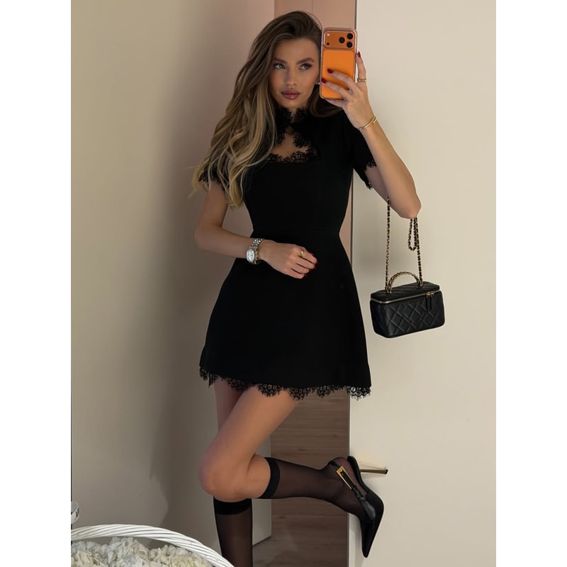 Black Lace Hollow Out Mini Dress, Tossy Patchwork Short Sleeve, Sexy High Waist Women's Casual Party Dress