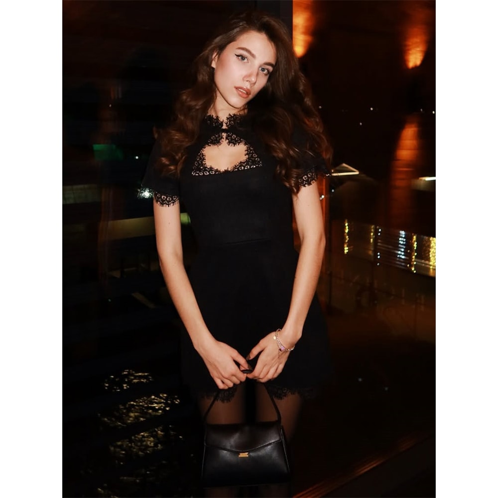 Black Lace Hollow Out Mini Dress, Tossy Patchwork Short Sleeve, Sexy High Waist Women's Casual Party Dress