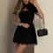 Black Lace Hollow Out Mini Dress, Tossy Patchwork Short Sleeve, Sexy High Waist Women's Casual Party Dress