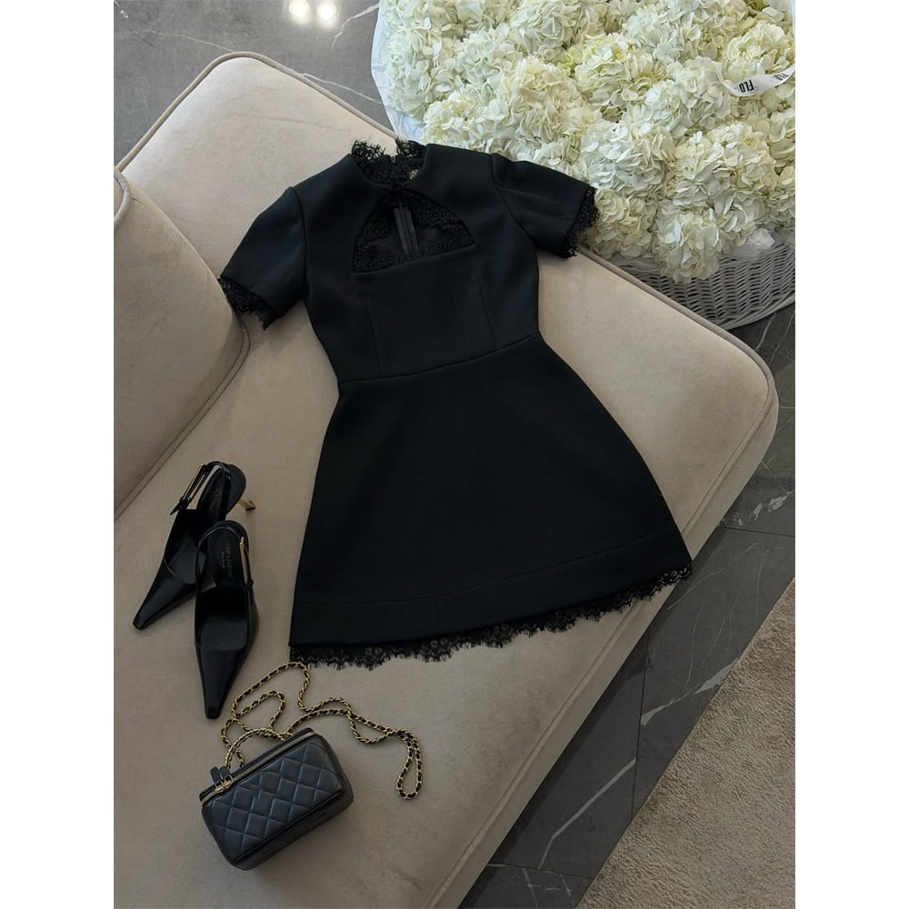 Black Lace Hollow Out Mini Dress, Tossy Patchwork Short Sleeve, Sexy High Waist Women's Casual Party Dress