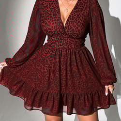 plus size women clothing leopard print neck long-sleeve dress a-line american slim skirt elegant evening party dress