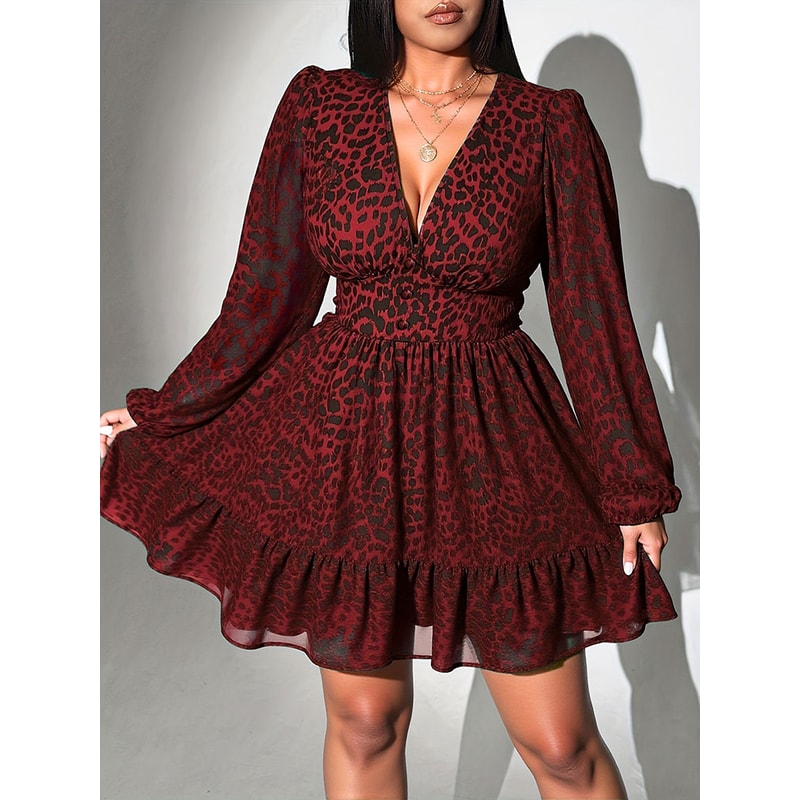 Plus Size Women Clothing Leopard Print Neck Long-Sleeve Dress A-Line American Slim Skirt Elegant Evening Party Dress