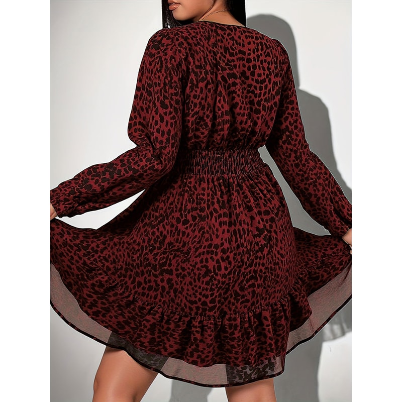 Plus Size Women Clothing Leopard Print Neck Long-Sleeve Dress A-Line American Slim Skirt Elegant Evening Party Dress