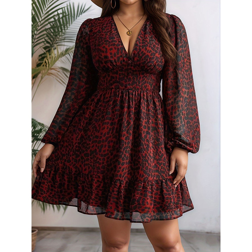 Plus Size Women Clothing Leopard Print Neck Long-Sleeve Dress A-Line American Slim Skirt Elegant Evening Party Dress