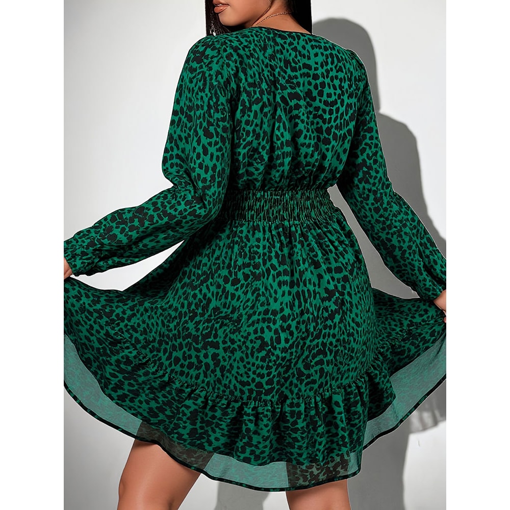 Plus Size Women Clothing Leopard Print Neck Long-Sleeve Dress A-Line American Slim Skirt Elegant Evening Party Dress