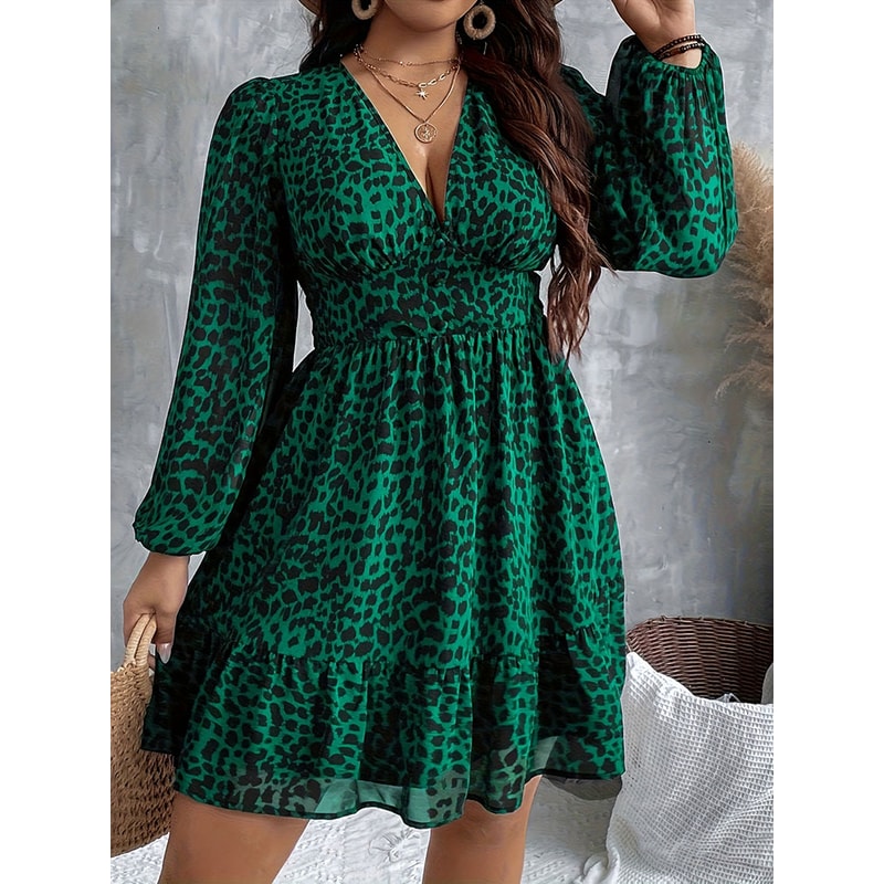 Plus Size Women Clothing Leopard Print Neck Long-Sleeve Dress A-Line American Slim Skirt Elegant Evening Party Dress