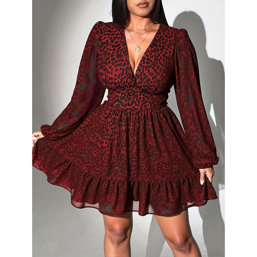 Plus Size Women Clothing Leopard Print Neck Long-Sleeve Dress A-Line American Slim Skirt Elegant Evening Party Dress