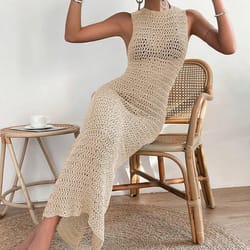 fashionable hollow out dress, round neck waist clip skirt, sleeveless slim fit woolen dress for women