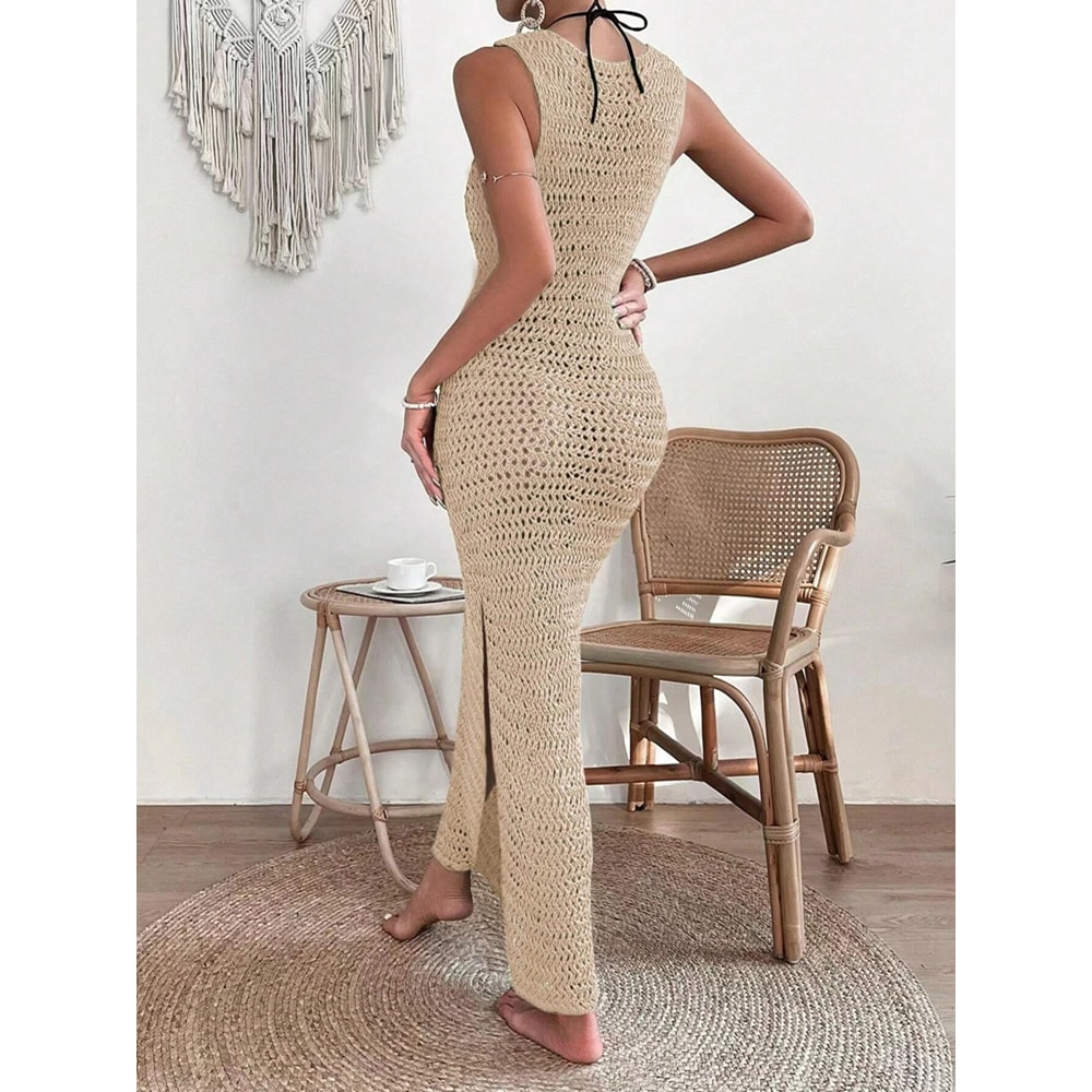 Fashionable Hollow Out Dress Round Neck Waist Clip Skirt Sleeveless Slim Fit Woolen Dress For Women 1