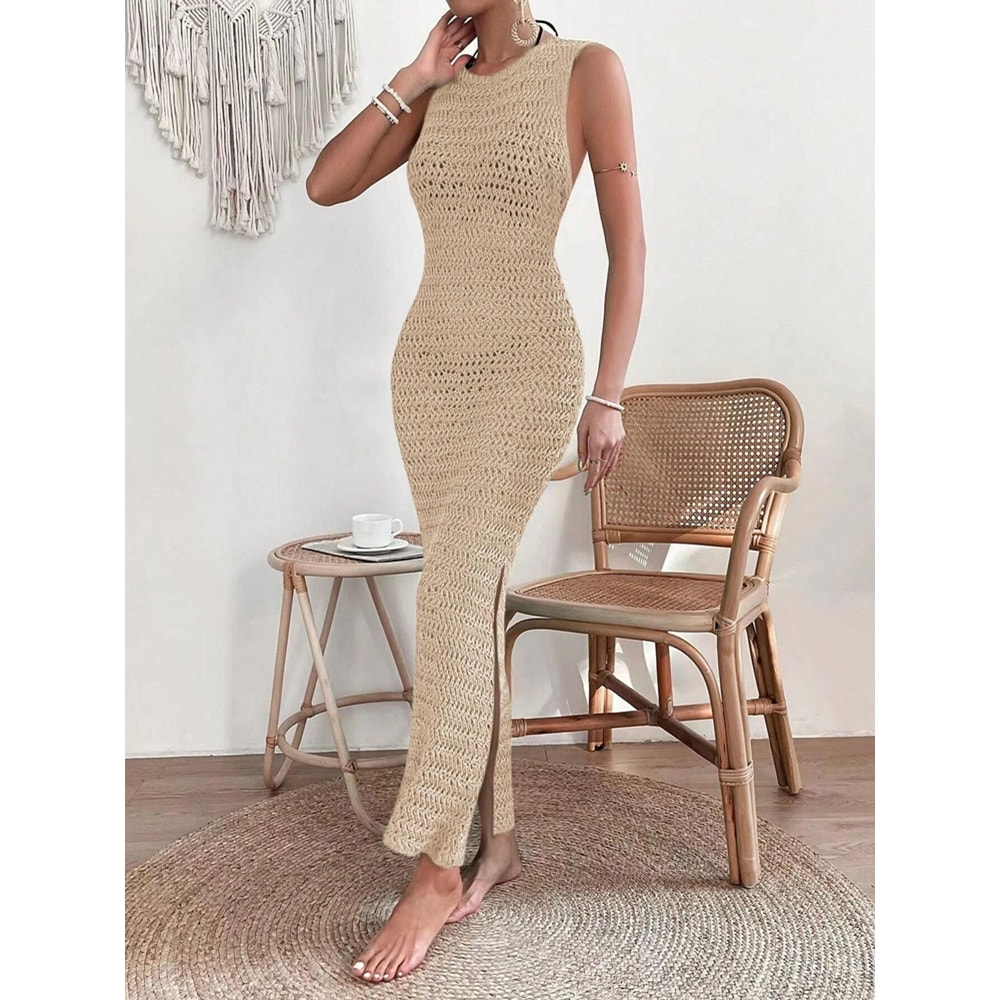 Fashionable Hollow Out Dress Round Neck Waist Clip Skirt Sleeveless Slim Fit Woolen Dress For Women 2