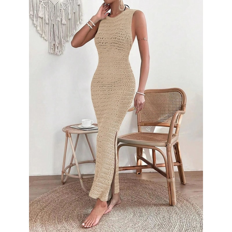 Fashionable Hollow Out Dress Round Neck Waist Clip Skirt Sleeveless Slim Fit Woolen Dress For Women 2