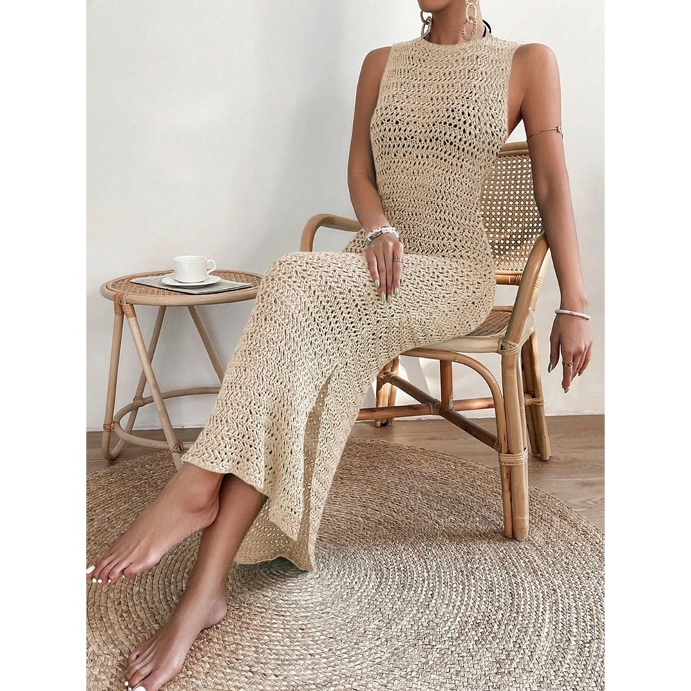 Fashionable Hollow Out Dress Round Neck Waist Clip Skirt Sleeveless Slim Fit Woolen Dress For Women 3