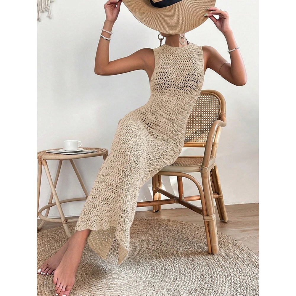 Fashionable Hollow Out Dress Round Neck Waist Clip Skirt Sleeveless Slim Fit Woolen Dress For Women 6