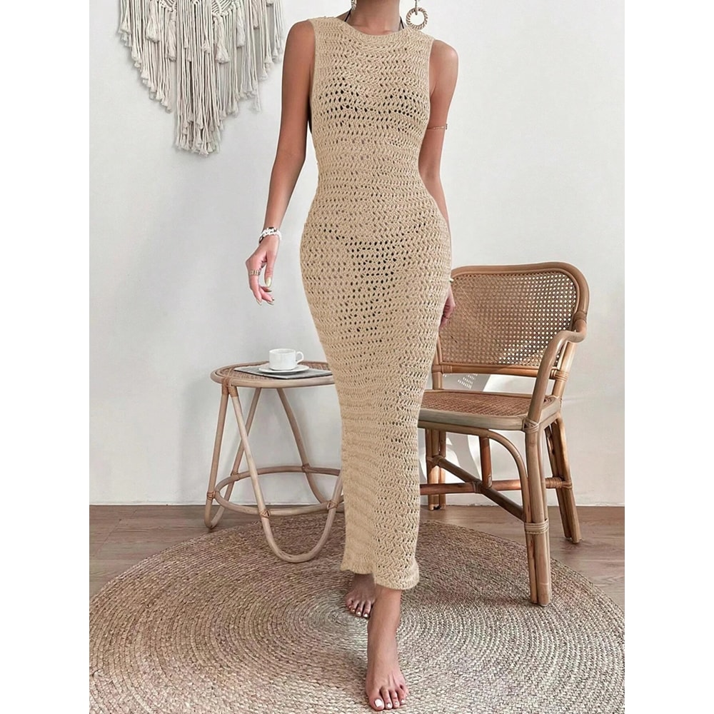 Fashionable Hollow Out Dress Round Neck Waist Clip Skirt Sleeveless Slim Fit Woolen Dress For Women 4