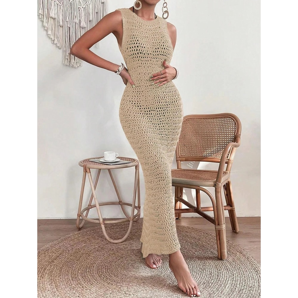 Fashionable Hollow Out Dress Round Neck Waist Clip Skirt Sleeveless Slim Fit Woolen Dress For Women 5