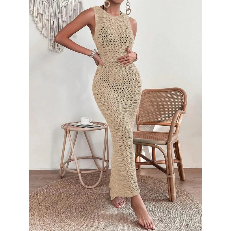 Fashionable Hollow Out Dress Round Neck Waist Clip Skirt Sleeveless Slim Fit Woolen Dress For Women 5