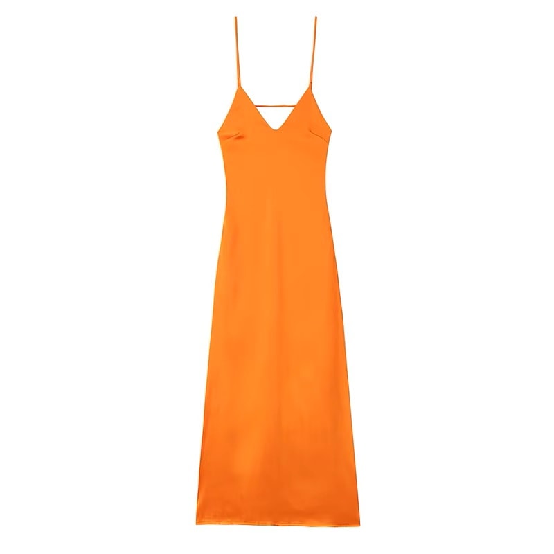 Chic Lady Dresses Women Fashion Solid Satin Pleated Backless Zipper Midi Dress Thin Straps VNeck 5