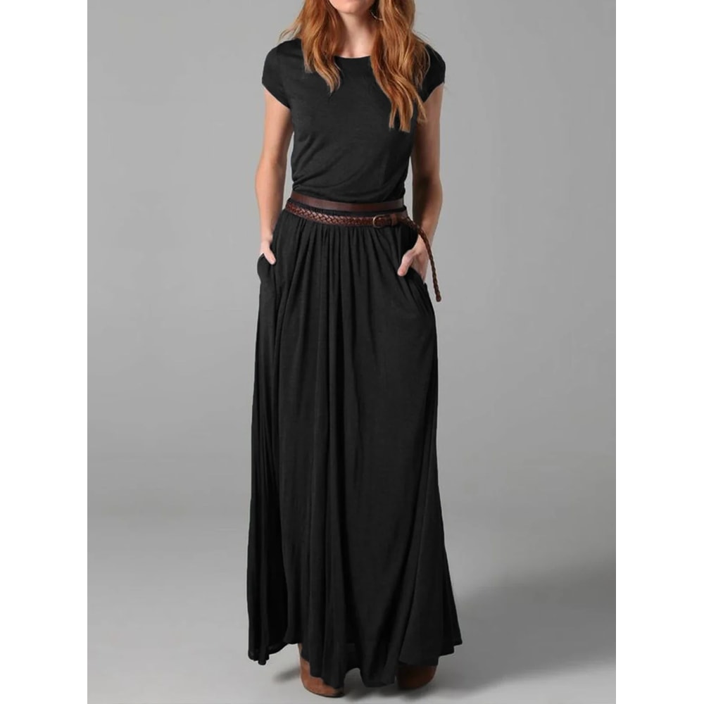 Short Sleeve Slim Retro Summer Female Dress, Vintage Black Round Neck, Pockets Ruched Pleated Long Casual Dress