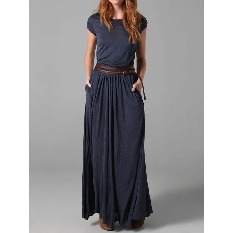 Short Sleeve Slim Retro Summer Female Dress, Vintage Black Round Neck, Pockets Ruched Pleated Long Casual Dress