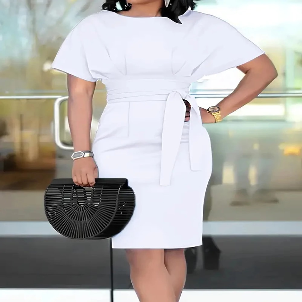 Womens Elegant Pencil Midi Dress, Short Sleeve Cocktail Party Dress with Belt