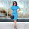 Womens Elegant Pencil Midi Dress, Short Sleeve Cocktail Party Dress with Belt