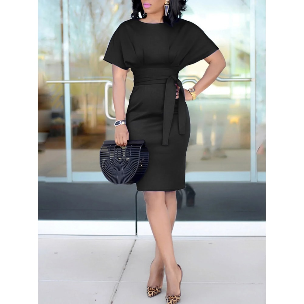Womens Elegant Pencil Midi Dress, Short Sleeve Cocktail Party Dress with Belt