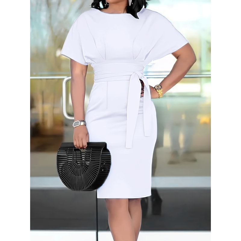 Womens Elegant Pencil Midi Dress, Short Sleeve Cocktail Party Dress with Belt