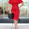 Womens Elegant Pencil Midi Dress, Short Sleeve Cocktail Party Dress with Belt