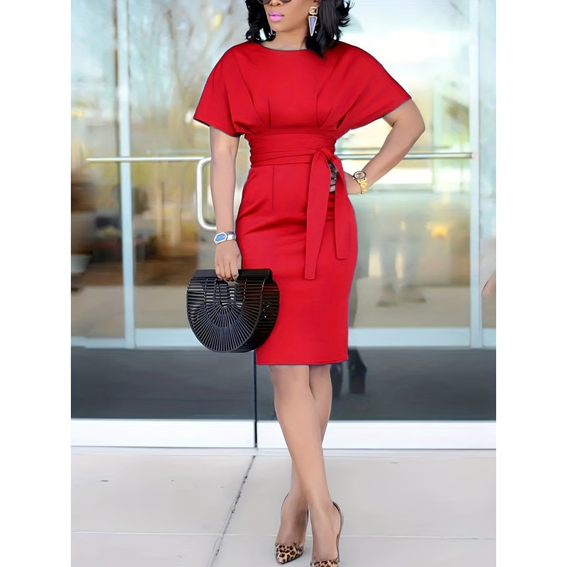 Womens Elegant Pencil Midi Dress, Short Sleeve Cocktail Party Dress with Belt