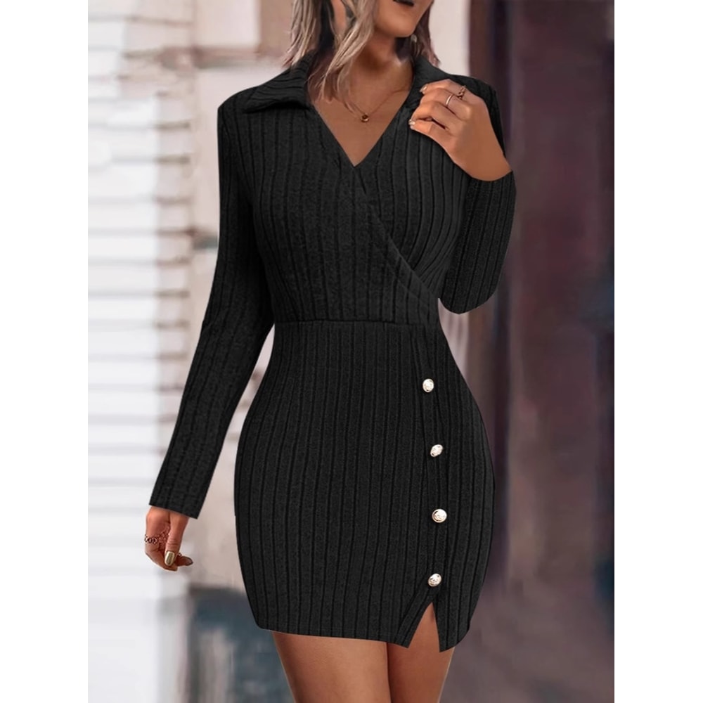 V-Neck Fitted Bodycon Long Sleeve Dress, New Autumn and Winter Solid Color Women Dress from Europe and America