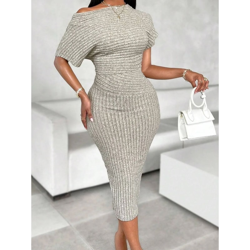 Asymmetric Shoulder Women's Fashion Textured Fabric Dress in Solid Color for Every Occasion
