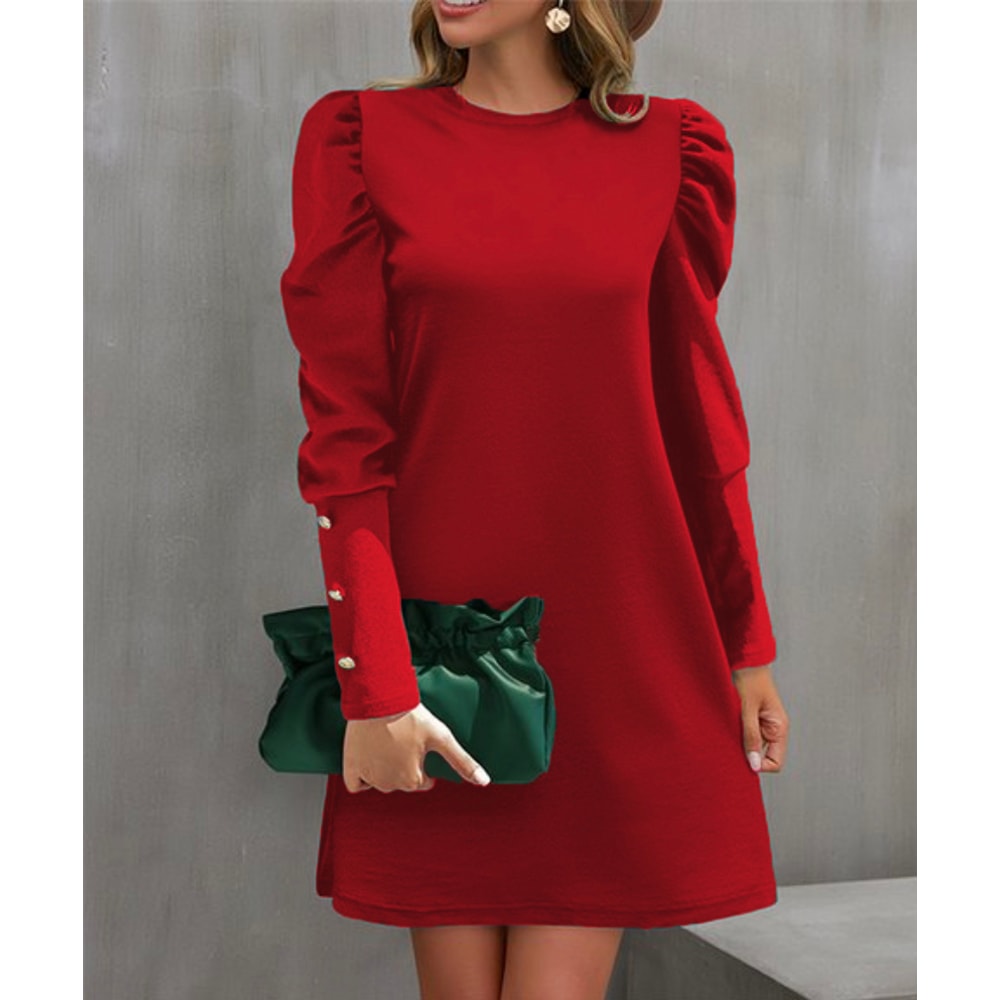 Women's Clothing Amazon, Pure Color Round Neck, Autumn and Winter New Puff Sleeve Button, European and American Cross-Bo