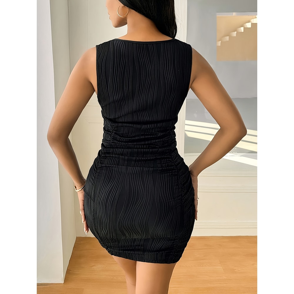 Women's Large Size Directional Elastic Ribbed V-Neck Slimming Jumpsuit with Cinched Waist