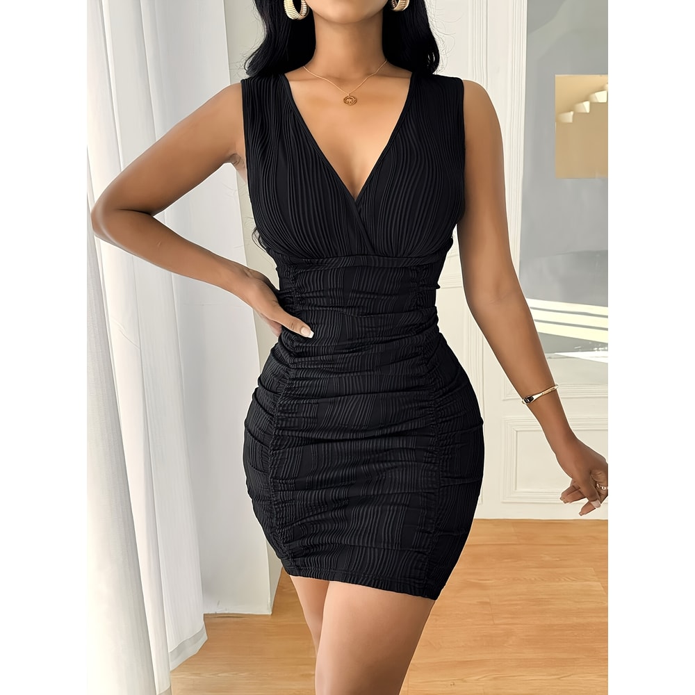 Women's Large Size Directional Elastic Ribbed V-Neck Slimming Jumpsuit with Cinched Waist