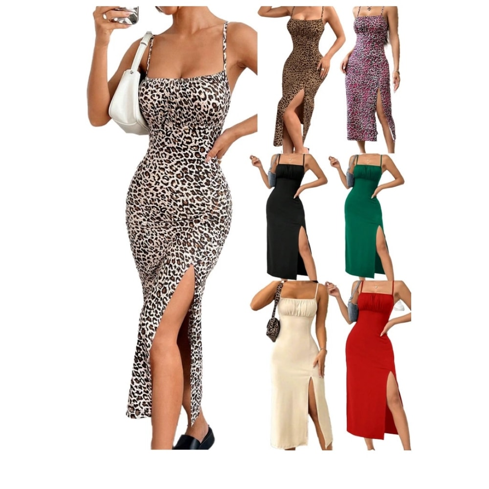 Women's Summer Slip Dress, Leopard Print Hip Skirt, Slit Bandeau Tight Height Solid Color