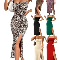women's summer slip dress, leopard print hip skirt, slit bandeau tight height solid color
