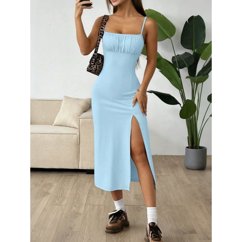 Women's Summer Slip Dress, Leopard Print Hip Skirt, Slit Bandeau Tight Height Solid Color