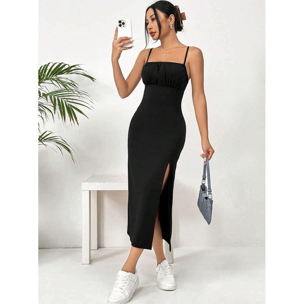 Women's Summer Slip Dress, Leopard Print Hip Skirt, Slit Bandeau Tight Height Solid Color