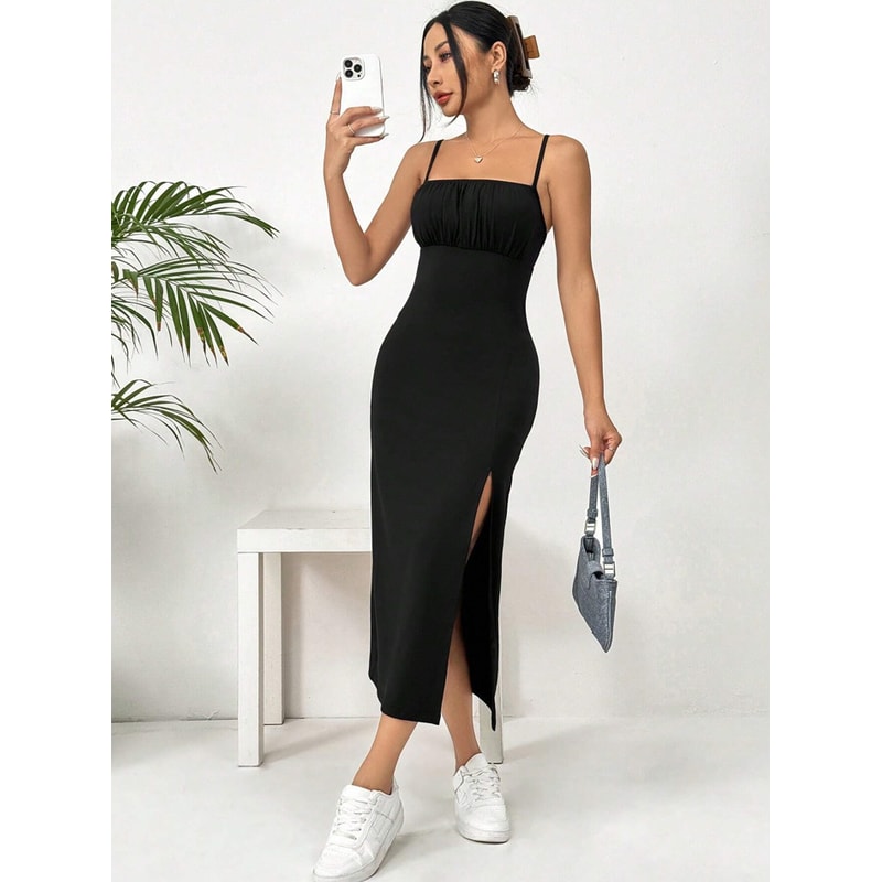 Women's Summer Slip Dress, Leopard Print Hip Skirt, Slit Bandeau Tight Height Solid Color