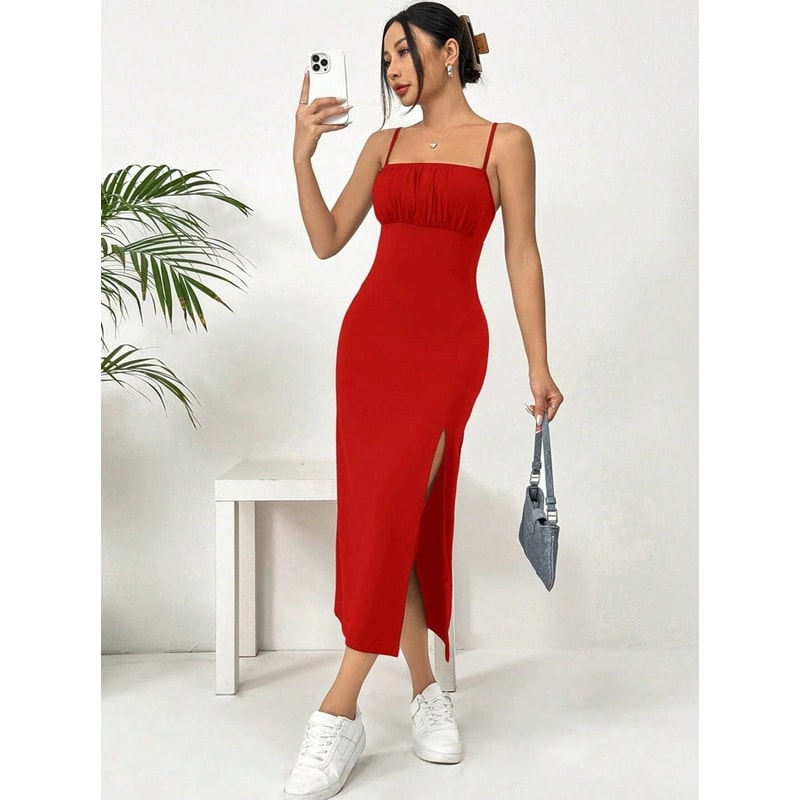 Women's Summer Slip Dress, Leopard Print Hip Skirt, Slit Bandeau Tight Height Solid Color