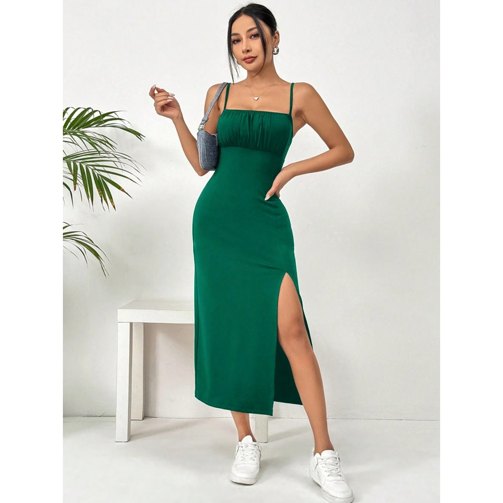 Women's Summer Slip Dress, Leopard Print Hip Skirt, Slit Bandeau Tight Height Solid Color