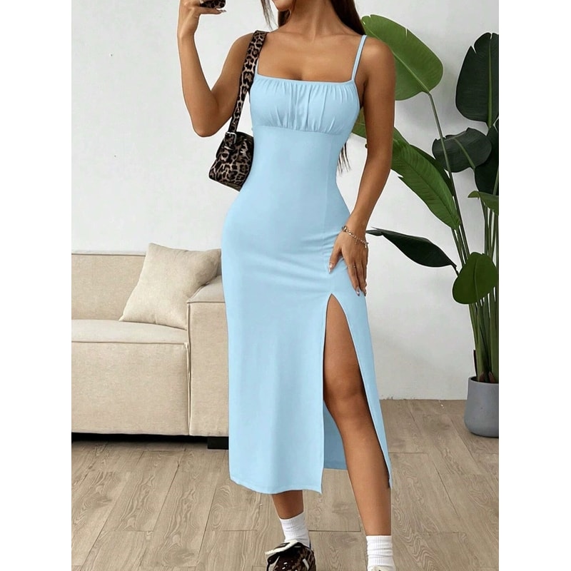 Women's Summer Slip Dress, Leopard Print Hip Skirt, Slit Bandeau Tight Height Solid Color