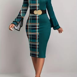 womens dress plaid patchwork green round neck tight dress, no belt, stylish casual fit for all occasions