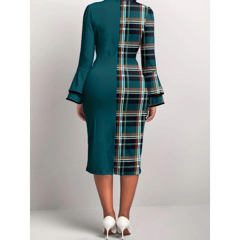 Womens Dress Plaid Patchwork Green Round Neck Tight Dress, No Belt, Stylish Casual Fit for All Occasions