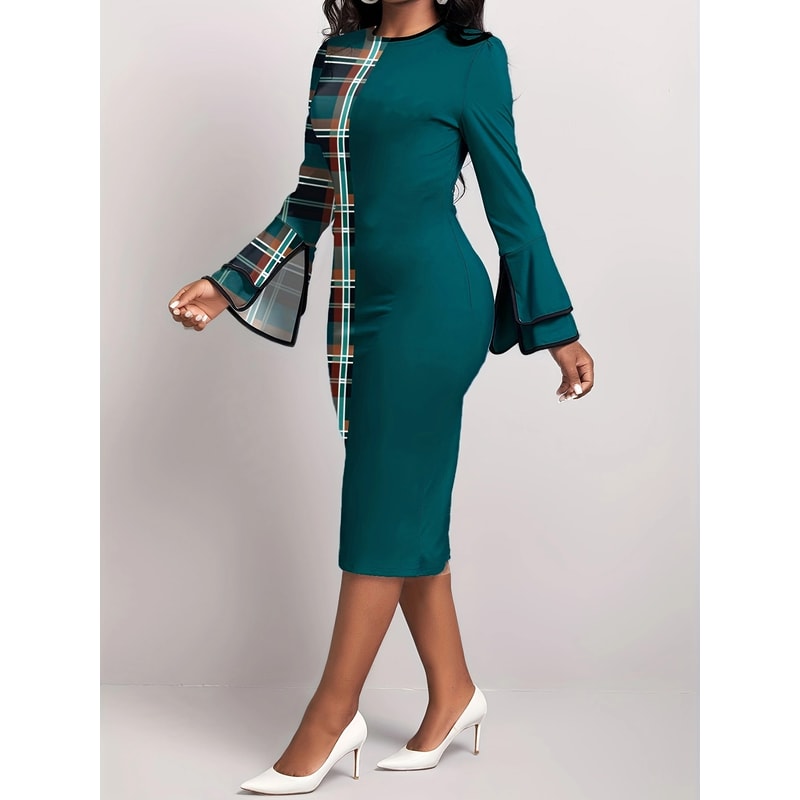 Womens Dress Plaid Patchwork Green Round Neck Tight Dress, No Belt, Stylish Casual Fit for All Occasions